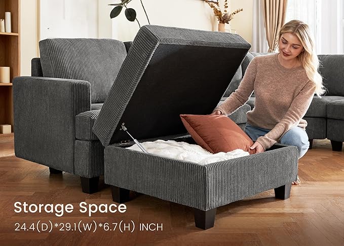 Nolany Corduroy Sectional Couch with Storage Ottoman, Sleeper Sectional Sofa with Chaise, Modular Sectional Couches for Living Room, Dark Grey