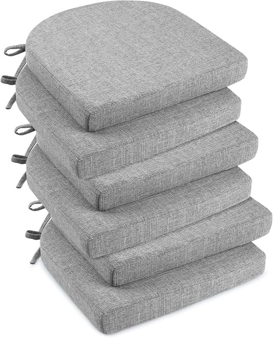 downluxe Indoor Chair Cushions for Dining Chairs, Soft and Comfortable Textured Foam Kitchen Chair Pads with Ties and Non-Slip Backing, 16" x 16" x 2", Light Grey, 6 Pack
