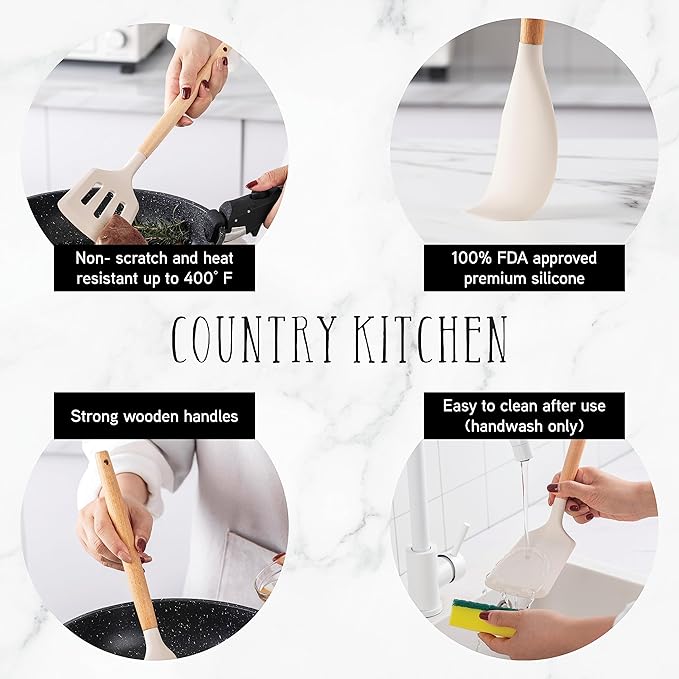Country Kitchen Non Stick Silicone Utensil Set with Rounded Wood Handles for Cooking and Baking, 14 Piece Set, Khaki