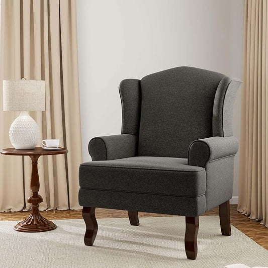 Accent Chair, High Back Upholstered Armchair with High Resilience Sponge & Wood Legs, Mid-Century Modern Comfy Single Sofa Reading Chairs for Living Room, Bedroom (Dark Grey, Set of 1)