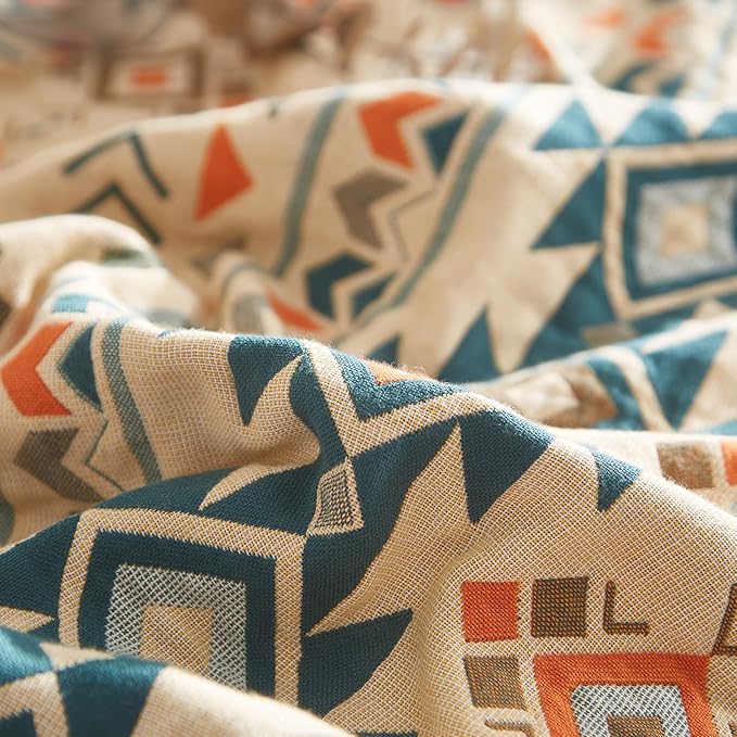 Boho Throw Blanket for Couch Sofa Bed, 100% Cotton Woven Quilt with Tassel 90”x98”, Super Soft Muslin Blanket with Patchwork Printed, Decorative Reversible Bed Blanket/Cover for All Seasons