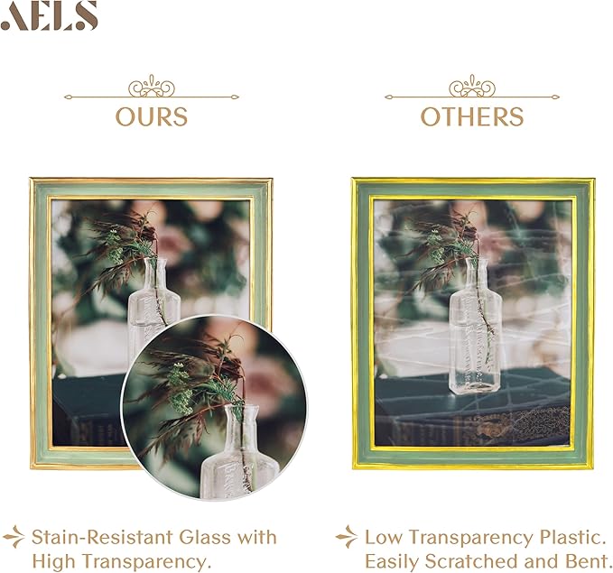 AELS 8x10 Inch Vintage Picture Frame, Elegant Antique Photo Frames with Glass Front, Photo Display, Tabletop Wall Hanging, Gift Ideas, Sage Green with Gold Trim