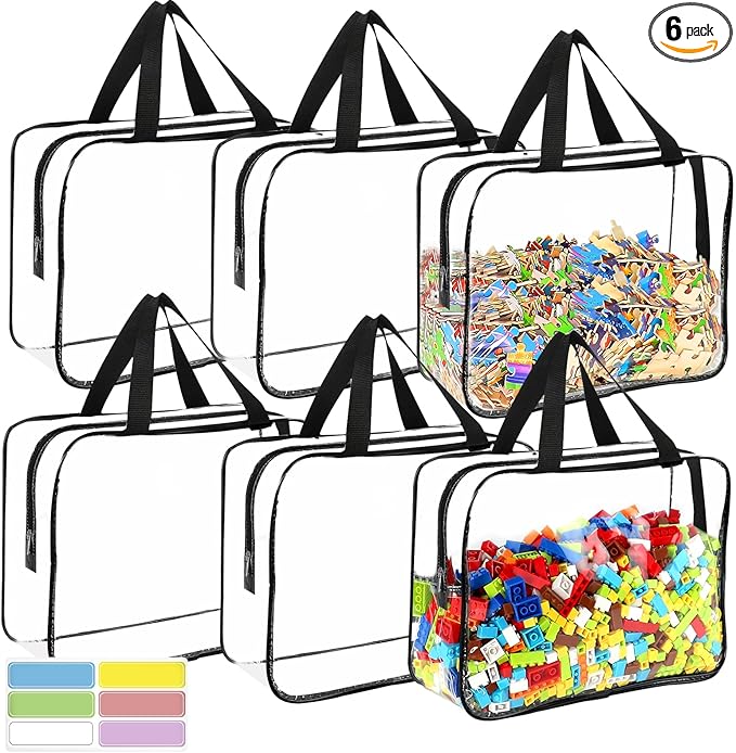 6 Packs Large Toy Storage Bags with Labels, Reusable Clear PVC Board Game Storage, Travel Waterproof Organizer Bags with Zipper for Building Blocks, Puzzle, Kids Books