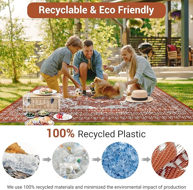 GAOMON Outdoor Plastic Straw Rug 9x12 Waterproof Reversible Patio Rug, Large UV-Resistant Portable RV Camping Mats, Indoor Outdoor Rugs for Outside Deck Front Porch Garden RV, Red & White