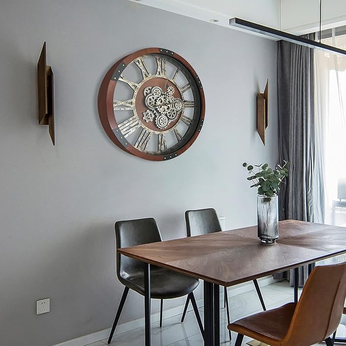 DORBOKER 27" Original Moving Gears Wall Clock, Large Industrial Wall Clock for Living Room Decor, Retro Metal Solid Wood Vintage Farmhouse Steampunk Rustic Clocks for Wall Decor,Black Walnut