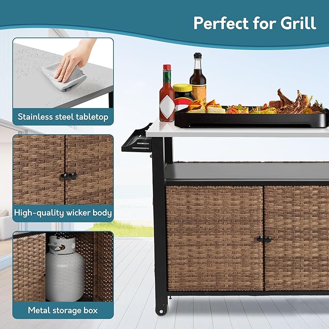 Grill Cart Outdoor with Wheels, Outdoor Prep Table with Wicker Storage and Rolling Wheels, Kitchen Island Serving Cart with Stainless Steel Table Top for BBQ, Porch, Patio, Brown