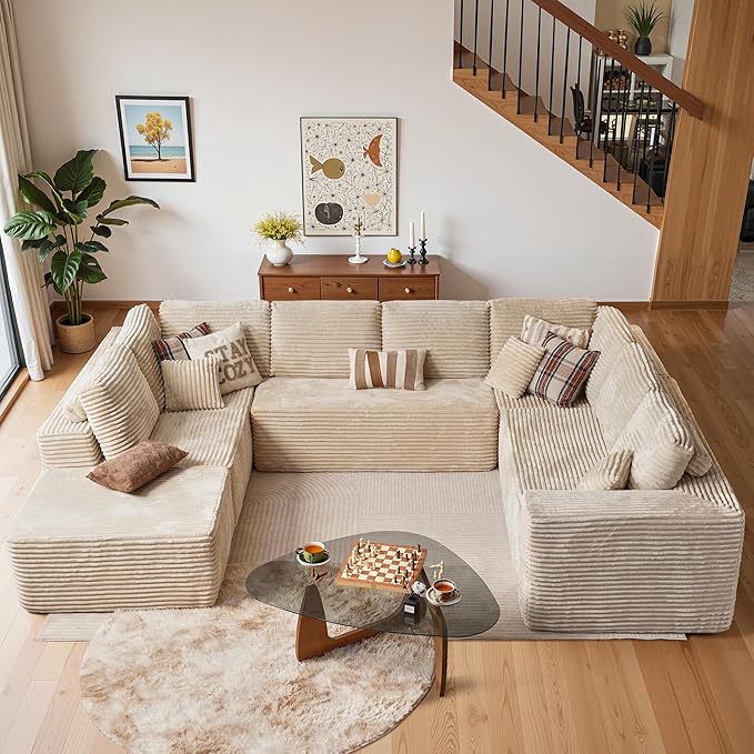 Cloud Sectional Couches for Living Room,U Shaped Modular Sofas No Assembly,135x100 Inches Plush Corduroy Oversized Floor Couch Set with Deep Seat Chaise,Beige