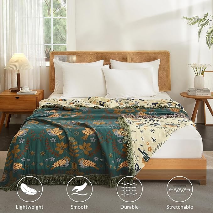 Boho Throw Blanket for Couch Sofa Bed, 100% Cotton Woven Quilt with Tassel 90”x98”, Super Soft Muslin Blanket with Bird Printed, Decorative Reversible Bed Blanket/Cover for All Seasons