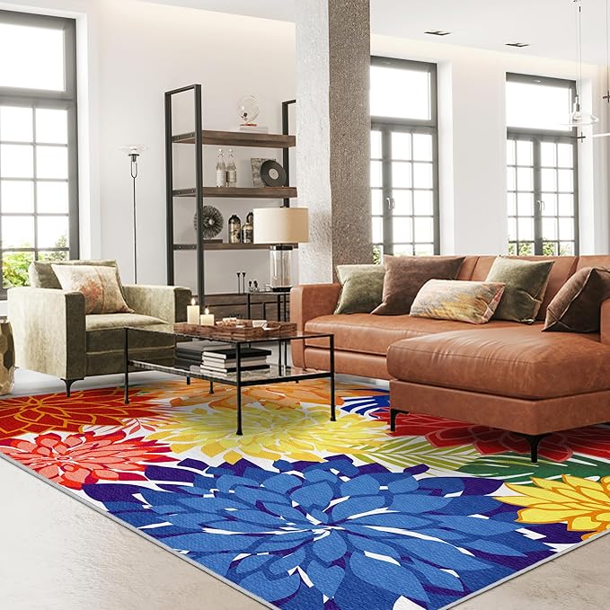 Indoor Outdoor Area-Rug Washable Multicolored Patio Rug Tropical Botanical Modern Floral Indoor Outdoor Carpet Non-Slip for Patio, Deck, Backyard, Porch (6x9)