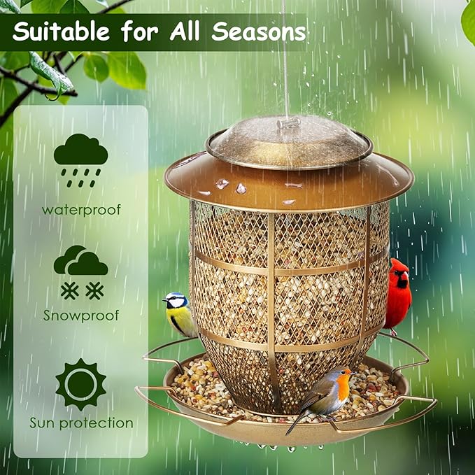 Bird Feeder for Outdoors, Funnel Style Wild Finch Feeders for Outside Hanging Courtyard Bird Watching, Metal Birdfeeder with Lid Fixing Buckle, 3Lbs Capacity