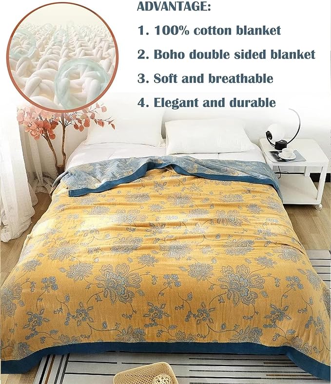 Boho Throw Blanket 100% Cotton Blankets, Super Soft Cozy Warm Blanket, Cotton Quilted Blankets, Versatile KnitWoven Blanket for Couch Sofa Bed Home Decor and Living Room, 78''Wx 90''L