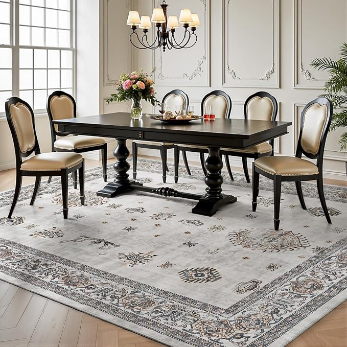 AMOAMI-Vintage Area Rug 8X10 Grey Rugs for Living Room-Soft Living Room Rug Non Slip Rugs for Bedroom Carpet Machine Washable Rug for Dining Room Bedside Office Room Decor