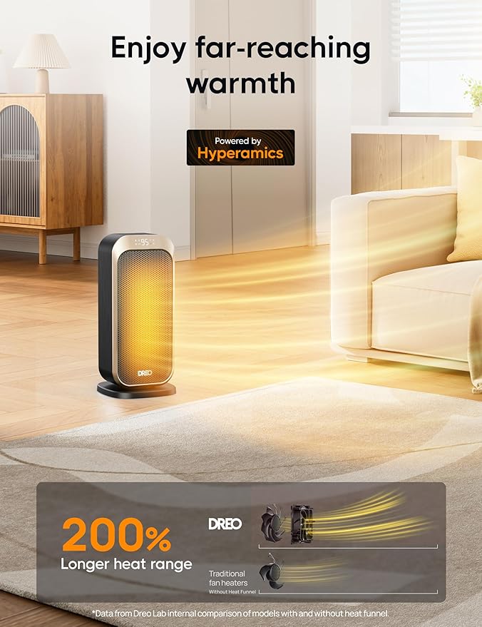Dreo Space Heaters for Indoor Use, 1500W Portable Electric Heater with Remote and Thermostat, PTC Ceramic, Safety Heat with 70° Oscillation for Bedroom Office Home, Quiet, 12H Timer