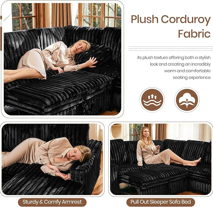 Belffin Plush Corduroy Modular Sectional Sofa with Pull Out Bed Convertible Small Sectional Corner Couch for Living Room Black Couch