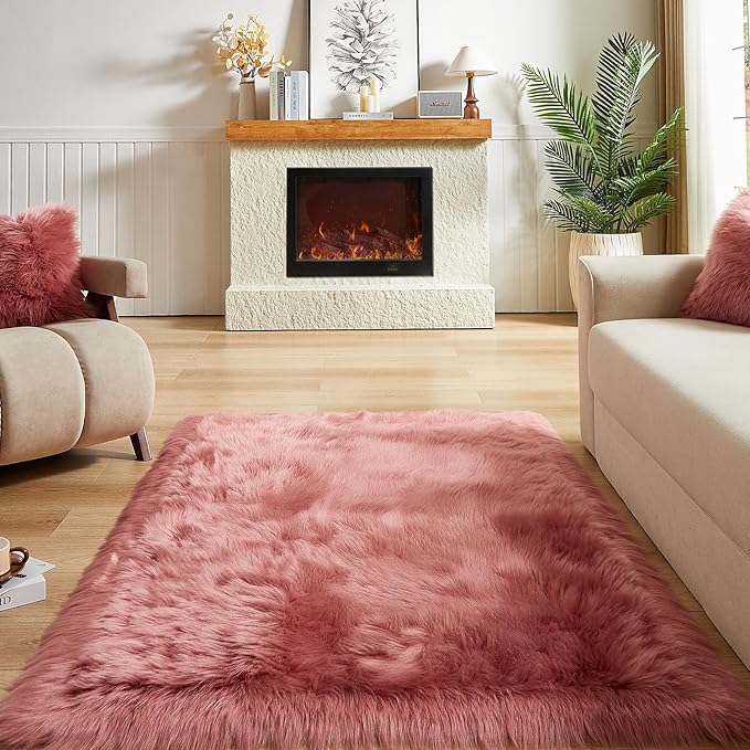 AMTOVO Faux Fur Sheepskin Rug for Living Room, 4 x 6 ft Blush Pink Fluffy Area Rug for Bedroom, Playroom, Luxury Room Decor, Rectangle