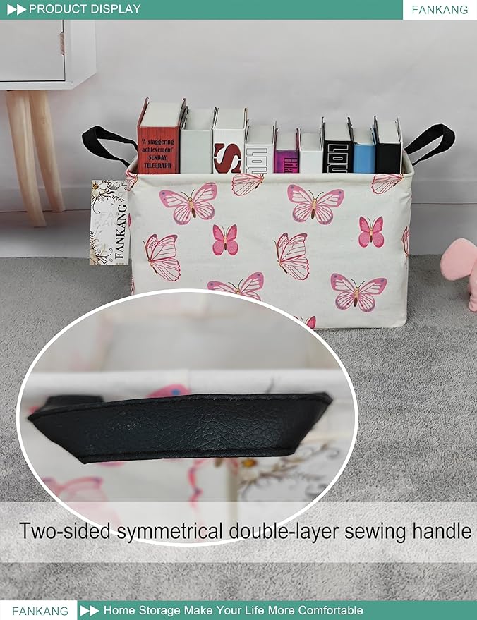 FANKANG Storage Bins, Nursery Hamper Canvas Laundry Basket Foldable with Waterproof PE Coating Large Storage Baskets for Kids Boys and Girls, Office, Bedroom, Clothes,Toys(Rec-pink butterfly