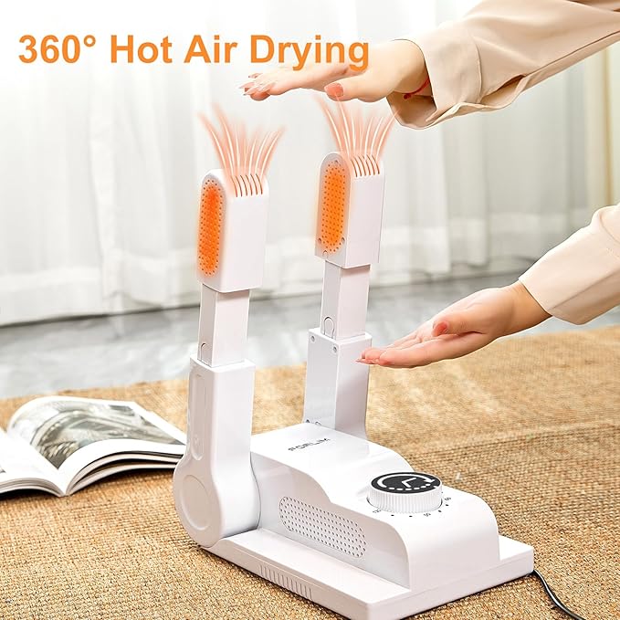 FORLIM Boot Dryer for Work Boots, Shoe Dryer with Heat Blower, Glove Dryer & Boot Warmer - 180° Adjustable Dry Rack - Telescopic Bendable Dry Ports - Intelligent Timer - White