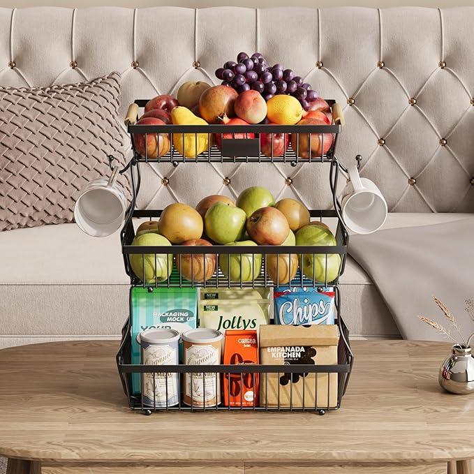 3 Tier Fruit Basket for Kitchen Counter with 2 Banana Hangers, Countertop Metal Fruit Bowl with Wooden Handle, Large Storage Stand for Vegetables, Snacks, Breads, Produce Storage – Black