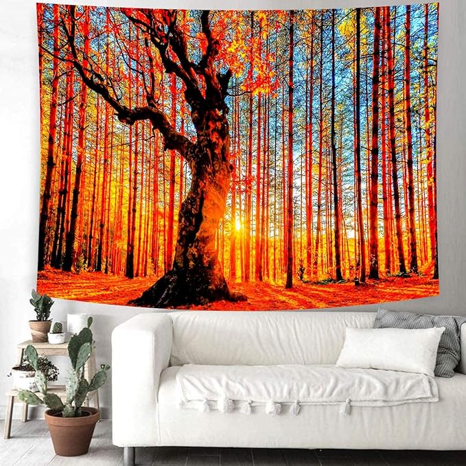 Delur Sunset Forest Tapestry Tree of Life Tropical Rainforest Landscape Tapestry Wall Hanging Scenic Nature Woodland Natural Sunrise Headboard for Bedroom Living Room Home Decor (51.2" x 59.1")