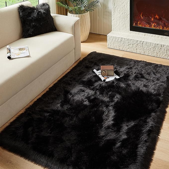 AMTOVO Faux Fur Sheepskin Rug for Living Room, 4 x 6 ft Black Fluffy Area Rug for Bedroom, Playroom, Luxury Room Decor, Rectangle