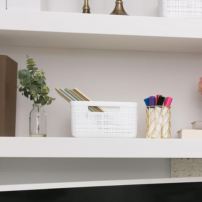 Curver Set of 8 Jute Small Decorative Plastic Organization and Storage Baskets, Perfect Bins for Home Office, Closet Shelves, Kitchen Pantry and All Bedroom Essentials