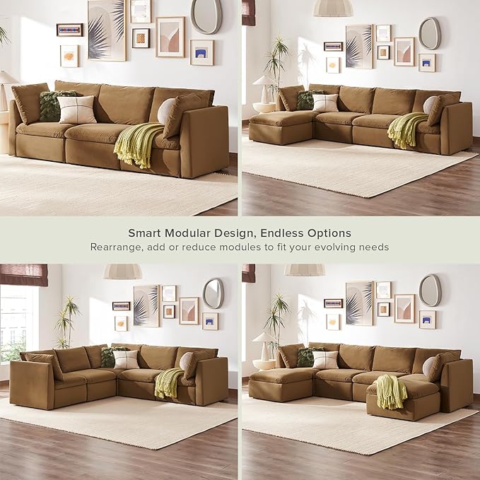 mopio Oversized Modular Sectional Sofa with Fully Removable Covers and Storage, Convertible U, L-Shaped and Sleeper Sectional, Modern Couches with Ottoman Chaise (Hazelnut Velvet, 3 Seater)