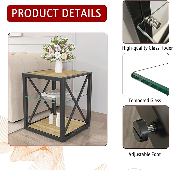 Farmhouse End Table, Modern Side Table with 3-Tier Storage Shelf, Square Rustic Nightstand, Accent Tea Table, for Bedroom Office Living Room, Brown, Natural Wood, Glass, Metal