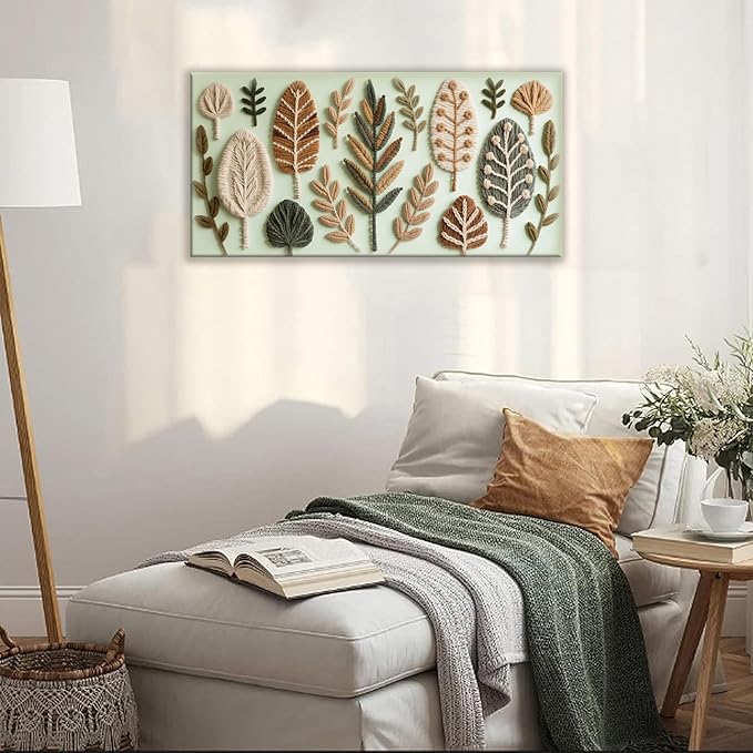 Boho Wall Art Chic Home Wall Art Modern Bohemian Feather Green Canvas Wall Art Decor For Apartment Dorm Living Room Bedroom Nursery Backdrop 20"W X 40"L Ready To Hanging