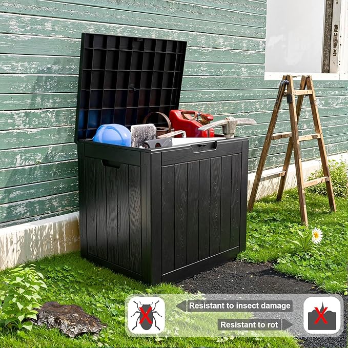 30 Gallon Outdoor Deck Box,Storage Lockable Waterproof Patio Furniture,Garden Tools,Cushions,Pool Accessories Outside Storage Resin Box(Black)