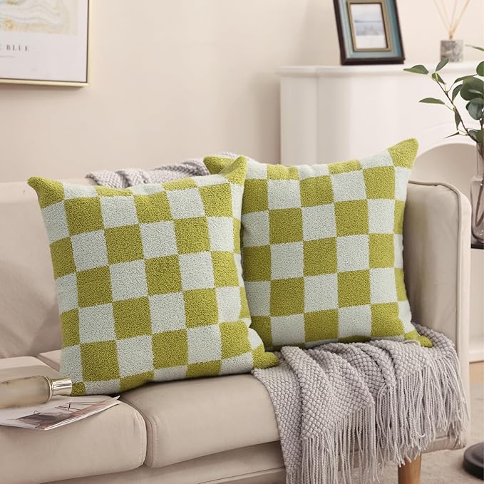 Alysheer Checkered Embroidered Decorative Throw Pillow Covers 18"x 18" Set of 2, Farmhouse Cottage Blue Green Designer Plaid Patterned Cotton Accent Cushion Case for Sofa Couch Bed Living Room