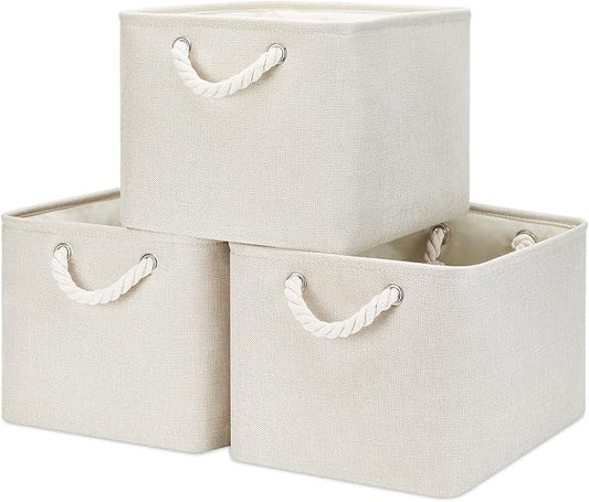 Bidtakay Baskets Collapsible Large Toy Storage Baskets for Organizing Set of 3 Closet Organizer Linen Cream Storage Bins 15 X 11 X 9.5 Inch Shelf Organizer Bins for Nursery Storage (Light Beige)