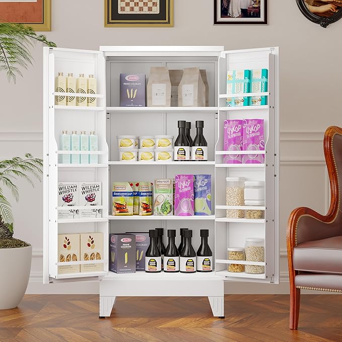 51" Metal Kitchen Pantry Cabinet, Storage Cabinets with 2 Door and 3 Adjustable Shelves, White Freestanding Food Storage Cabinet, Steel Cupboard for Kitchen Dinning Room