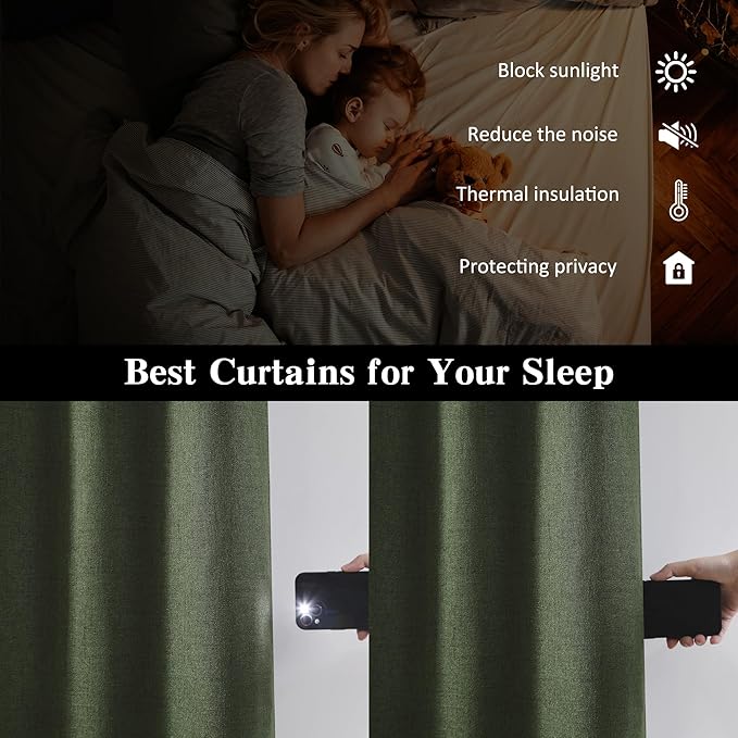 RAIN CITY 90 Inch Long Linen Blackout Curtains 2 Panels Set, Back Tab Pinch Pleated with Hooks, Thermal Insulated Modern Neutral Decor Window Curtain Drapes for Bedroom,- Loden/Olive Forest W50 x L90