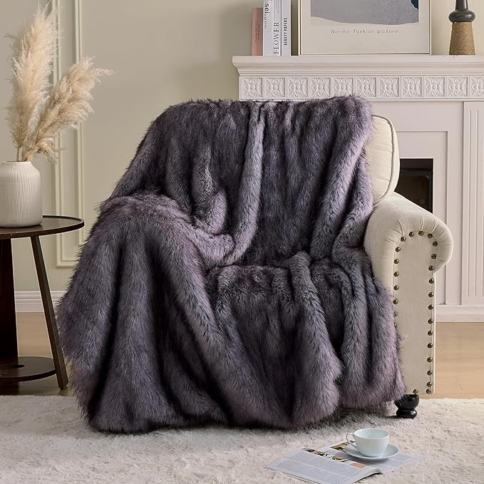 Fluffy Faux Fur Throw Blanket – Super Soft Warm Thick Plush Blanket for Bed, Couch & Office, Cozy Fuzzy Throw with Flannel Backing,60"x80", Grey