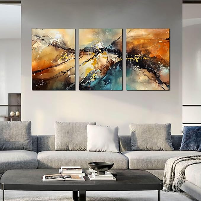 Abstract Living Room Pictures Wall Decor - Modern Bedroom Wall Decor Above Bed - Large 3 Piece Canvas Wall Art for Office Size 24" x 36"