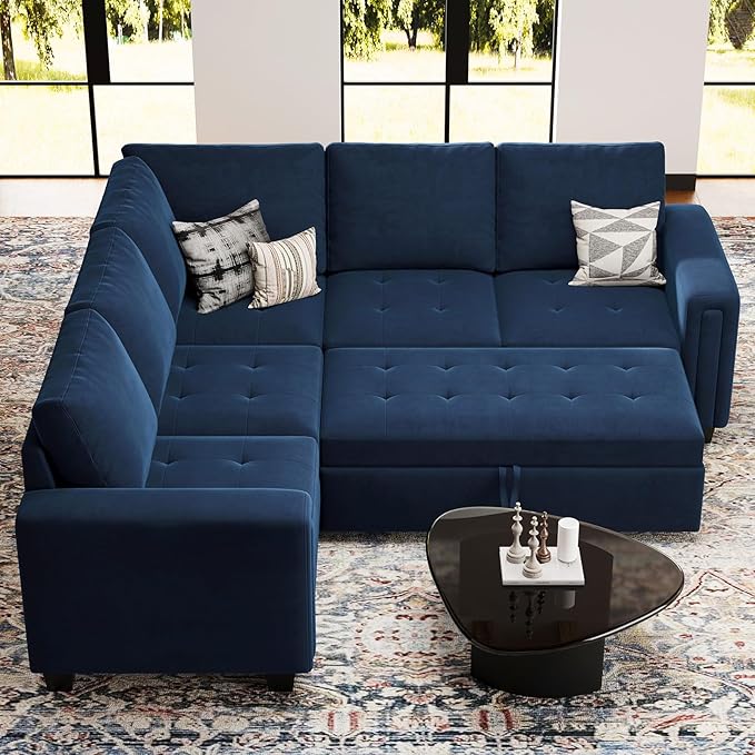 Belffin Modular Sectional Sleeper Sofa with Pull Out Couch Bed Velvet Convertible L Shaped Sectional Couch for Living Room Apartment Blue