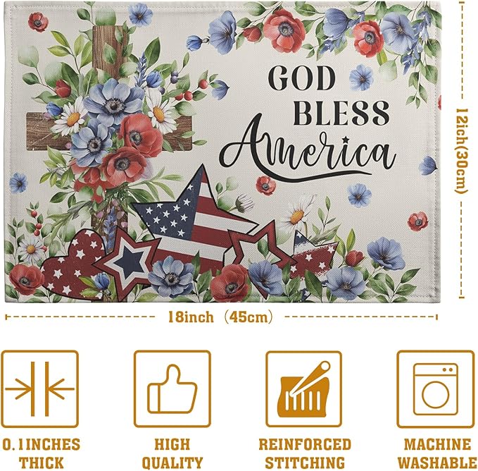 4th of July Placemats Set of 4 Patriotic Floral Cross Stars Independence Memorial Day Place Mats 12x18 Inch God Bless America Linen Fabric Table Mats for Party Kitchen Dining Decoration