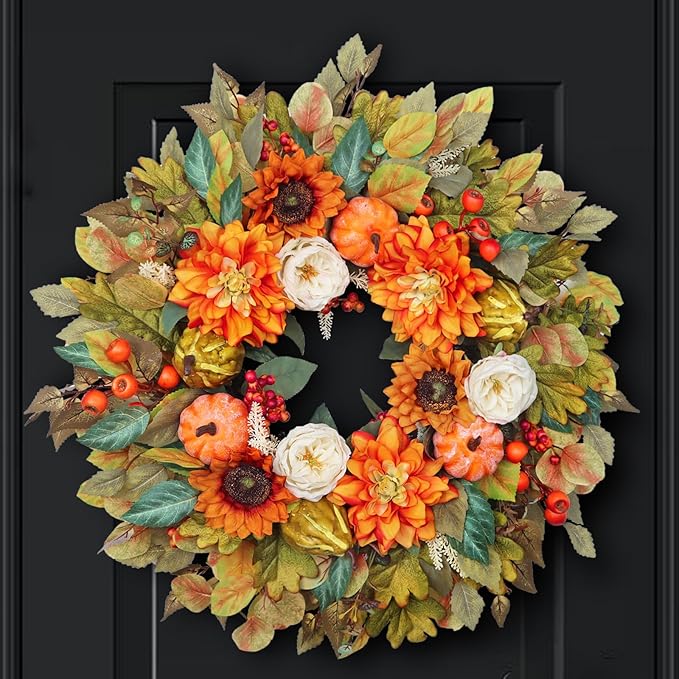 Fall Wreath for Front Door, 24 Inch Autumn Wreath with Pumpkins, Peony, Sunflowers & Dahlias, Fall Decorations for Home, Artificial Flowers Harvest and Thanksgiving Indoor & Outdoor