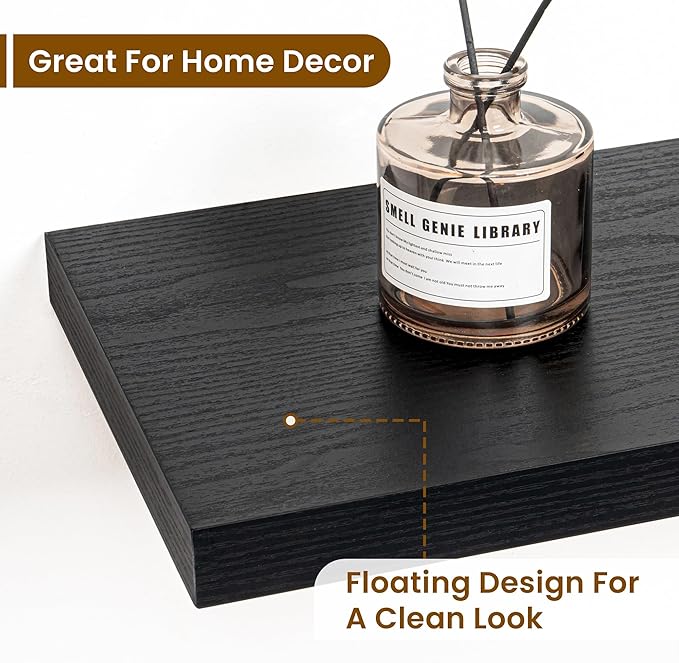 Fun Memories 40" Rustic Wood Floating Shelves with Invisible Brackets for Storage & Decor, Deep Wall Mounted Shelves for Bathroom, Kitchen, Living Room (Black, Set of 2)