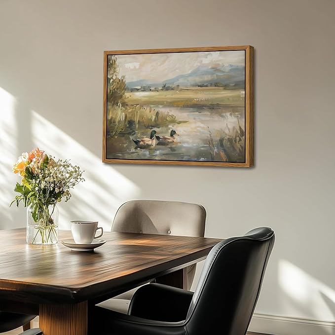 Floating Framed Canvas Wall Art, Vintage Mallard Duck Oil Paintings Print, Countryside Art Wildlife Nature Pond Wall Decor for Living Room, Bedroom, Office, Rustic Decor 12x16 inch