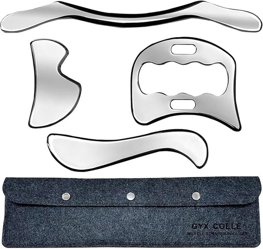 4 in 1 Stainless Steel Gua Sha Muscle Scraper Tool, Professional IASTM Physical Therapy Tool Set for Massage and Scraping （4pcs Carry Bag）