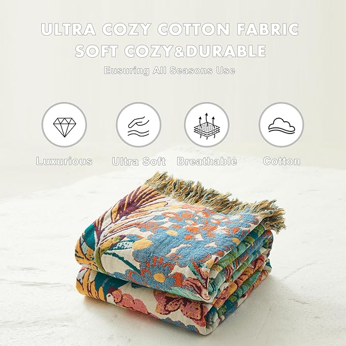 MSGKV Boho Throw Blanket for Couch Bed Chair 100% Cotton Muslin Breathable Vine Embroidery Blanket 50"x60" Sofa Blankets for All Seasons Lightweight Farmhouse Blankets Boho Home Decor