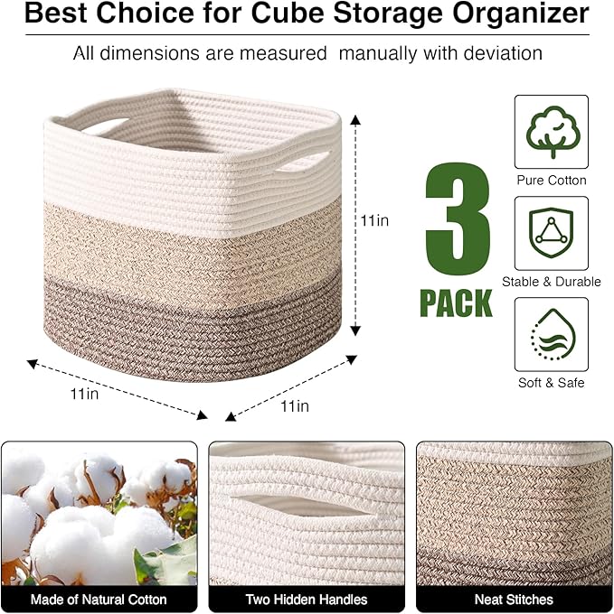 11 Inch Cube Storage Bins, Storage Cube Organizer Bins, Woven Cotton Rope Baskets for Storage, Storage Basket for Organizing Shelves, Square Baskets for Toys, Gradient Brown (Pack of 3)