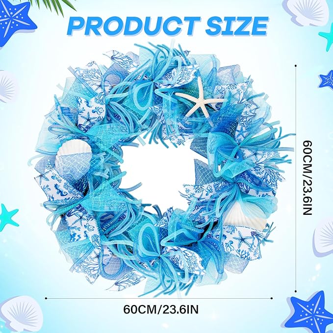 24 Inch Coastal Seashell Large Wreath with Natural Starfish & Scallops Shell, Blue Beach Style Front Door Wreath with for Spring Summer, Farmhouse Rustic Indoor Outdoor Home Wall Wedding Decor