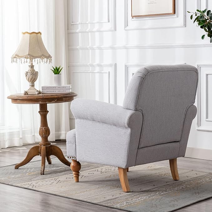 chairus Linen Accent Chair for Living Room Upholstered Mid Century Modern Single Sofa Chair with Solid Wood Legs Comfy Reading Chair Armchair for Bedroom/Office Room/Recption/Lounge, Grey