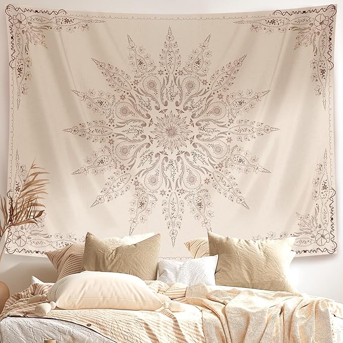 Damanse Floral Tapestry Wall Hanging Cute,Boho Wall Tapestry for Bedroom Aesthetic,Mandala Living Room Decor for Teen Girls (Flaxen, 34.80" x 47.20")