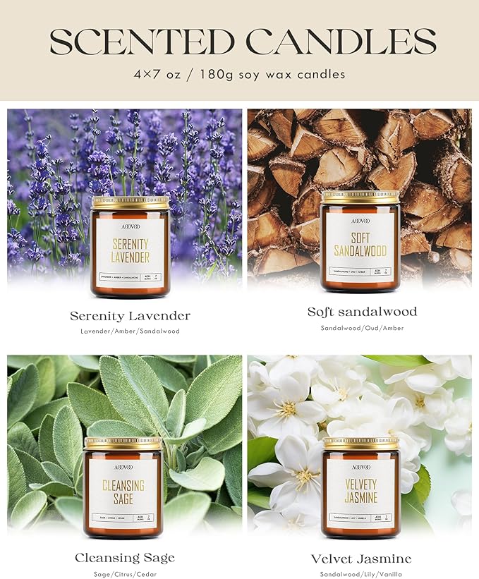 AOOVOO Candle Set - 4PC Scented Candles, 28 oz Soy Candles, Soy Candle for Home Scented, Lavender/Sandalwood/Jasmine/Sage
