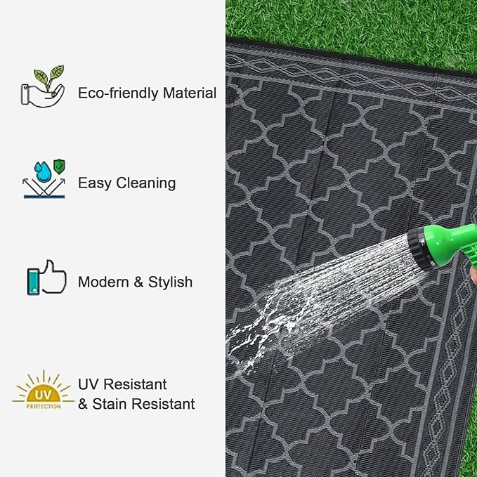 GAOMON Outdoor Rug Waterproof 8'x10', Reversible Outdoor Plastic Straw Rug, Boho Patio Rug, Indoor Outdoor Carpet, RV Mat Outside for Patio, Camp, Picnic, Balcony, Deck, Black/Grey(Geometric)