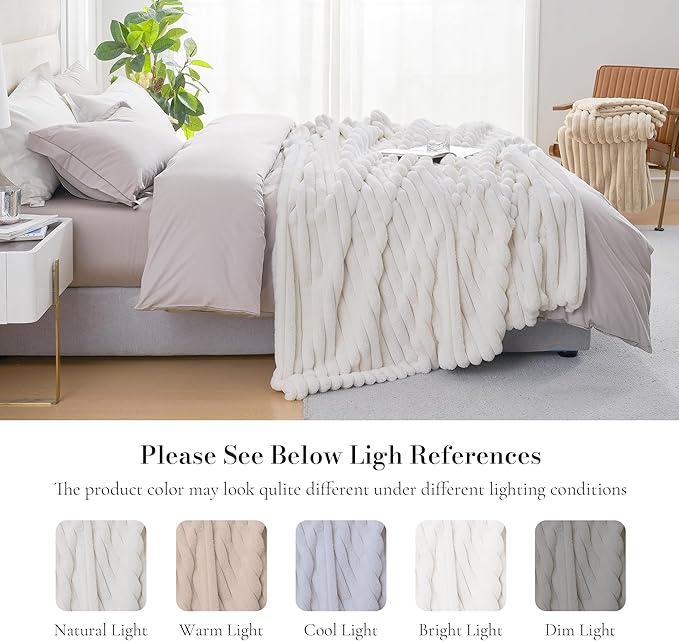 Amélie Home Faux Fur Throw Blanket for Couch, Cozy Fuzzy Fluffy Fur Luxurious Soft Striped Plush Gift Blankets for Family Sofa Chair Bed Living Room Bedroom, 60"x80", Ivory