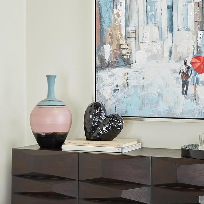 Deco 79 Porcelain Ceramic Heart Decorative Sculpture Dimensional Angled Origami Inspired Home Decor Statue, Accent Figurine 8" x 3" x 8", Black